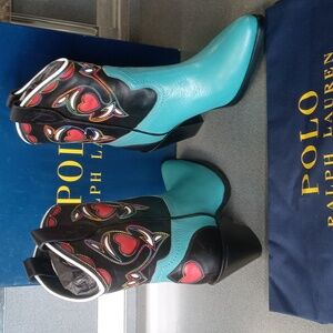 Polo Ralph Lauren Leather Teal Heart Vachetta High Ankle Western Cowgirl Boots